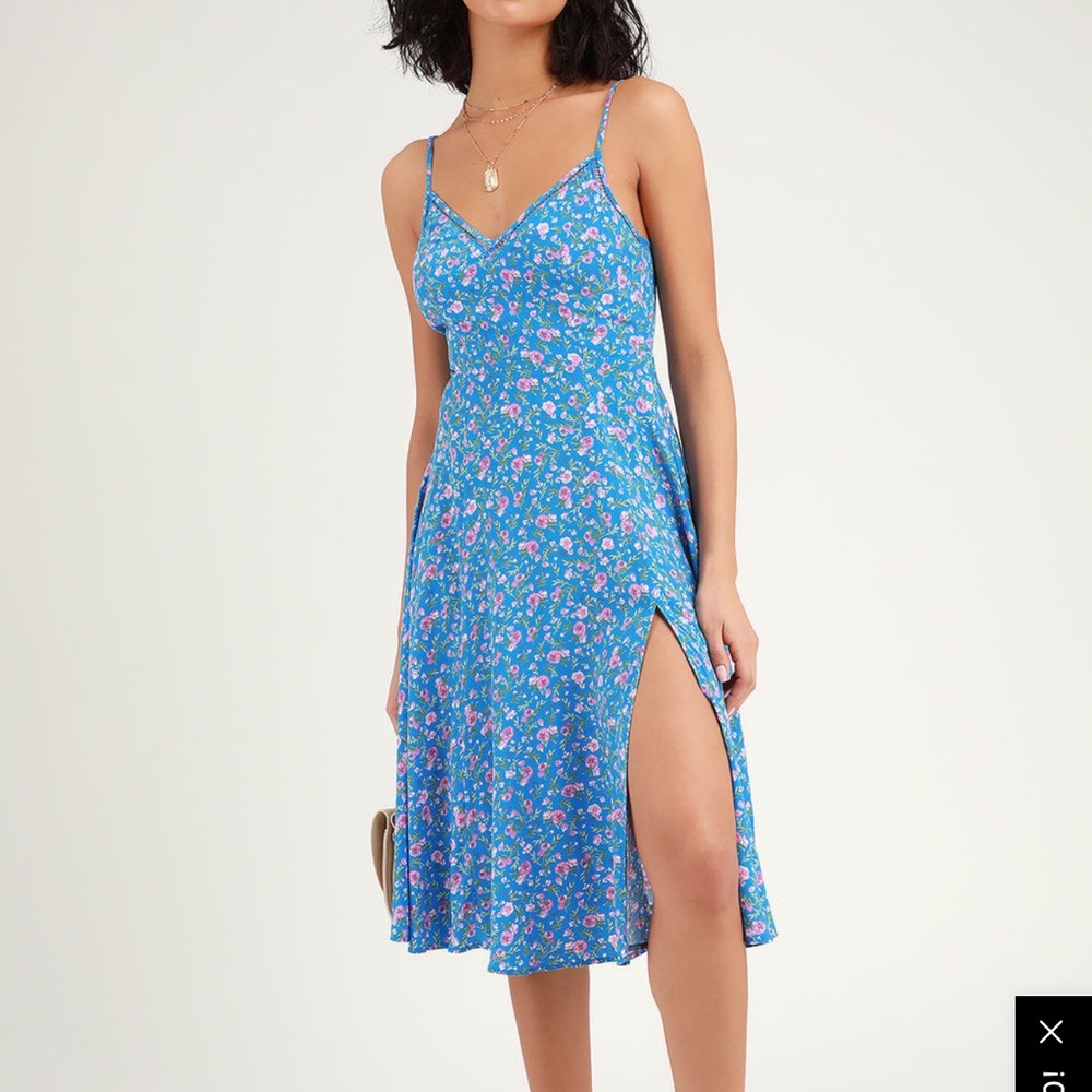 Lulus Blue Floral Midi Esperanza Dress